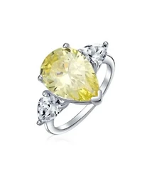Bling Jewelry 7ct Yellow Cz Cubic Zirconia Pear Shaped Solitaire Statement Ring Trillion Side Stones Sterling Silver