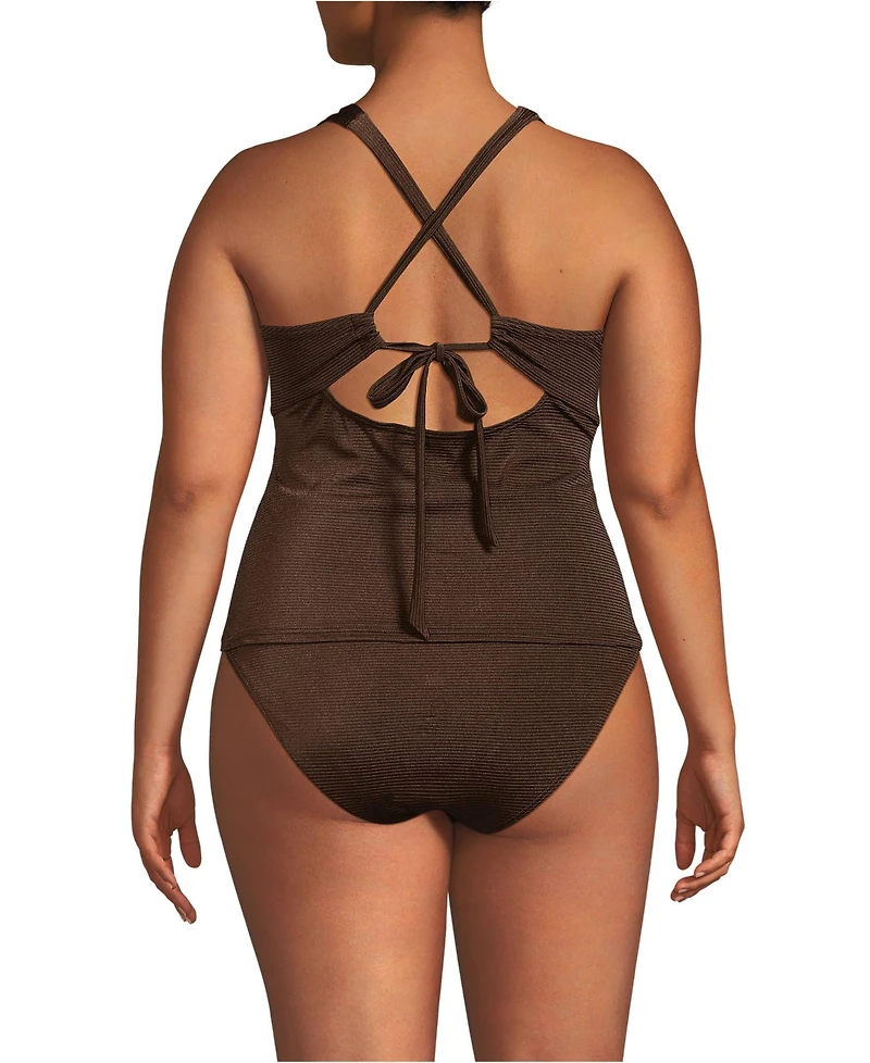 Lands' End Women's Plus Shine Ribbed Tankini Top and High Waisted Bottom Swimsuit Set
