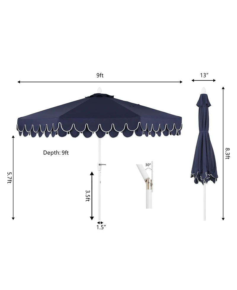 Jonathan Y Tracy 9 ft. Classic MidCentury Scalloped Fringe Market Patio Umbrella with Auto-Tilt Crank, Wind Vent and Uv Protection in Coral