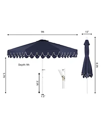 Jonathan Y Tracy 9 ft. Classic MidCentury Scalloped Fringe Market Patio Umbrella with Auto-Tilt Crank, Wind Vent and Uv Protection in Coral