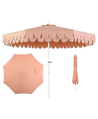Jonathan Y Tracy 9 ft. Classic MidCentury Scalloped Fringe Market Patio Umbrella with Auto-Tilt Crank, Wind Vent and Uv Protection Coral