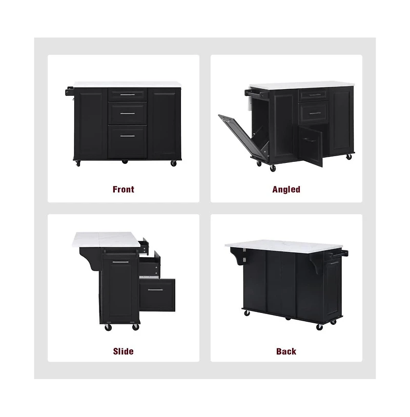 Maison Boucle 50.7" Rolling Kitchen Island with Drop Leaf, Hidden Trash Cabinet, Wood Top, Pull-Out Organizer-Maison Boucle