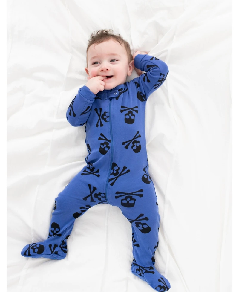 Leveret Baby Footed Cotton Pajamas - Blue Skulls Print - Matching Family Halloween Pajamas
