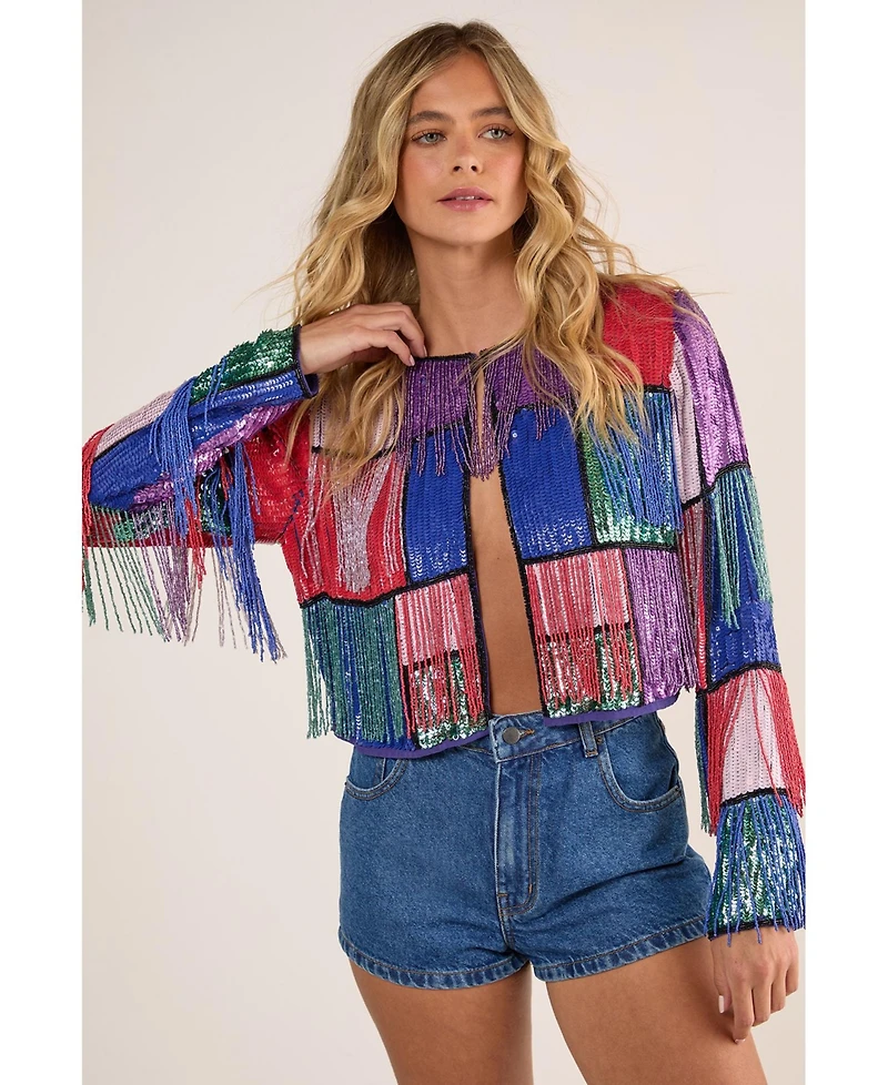 Nasty Gal Women's Colour Block Check Tassel Sequin Jacket