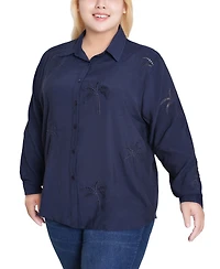 Ny Collection Plus Long Sleeve Palm Tree Blouse Top