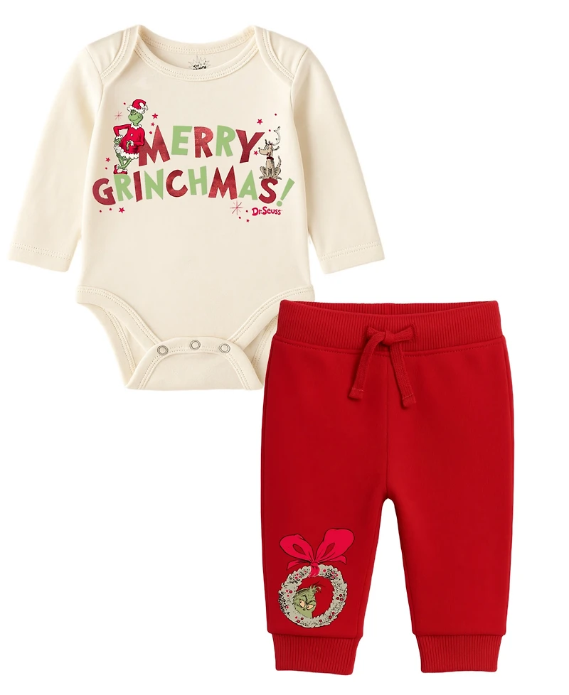 Disney Baby Boys 2-Piece Grinch Merry Grinchmas Long Sleeve Bodysuit and Pants Set