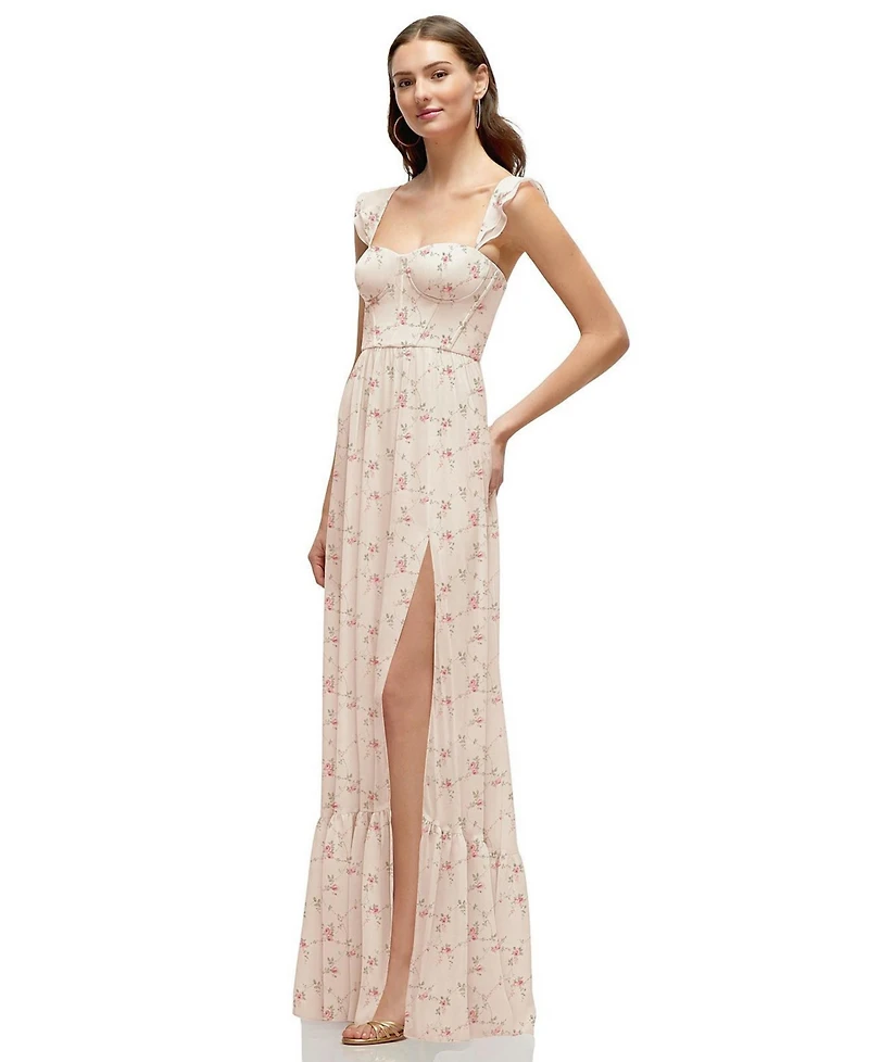 Dessy Collection Plus Ruffle Strap Chiffon Bustier Maxi Dress with Hem A-Line Skirt