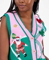 Hooked Up by Iot Juniors' Santa Pickleball Sleeveless Sweater Vest