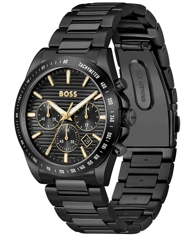 Hugo Boss Men's Strike Quartz Fashion Chrono Ionic Plated Black Steel Watch, 41mm