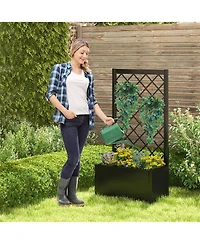 Gymax 2 Pcs Raised Garden Bed with Trellis Metal Planter Box for Climbing Plants