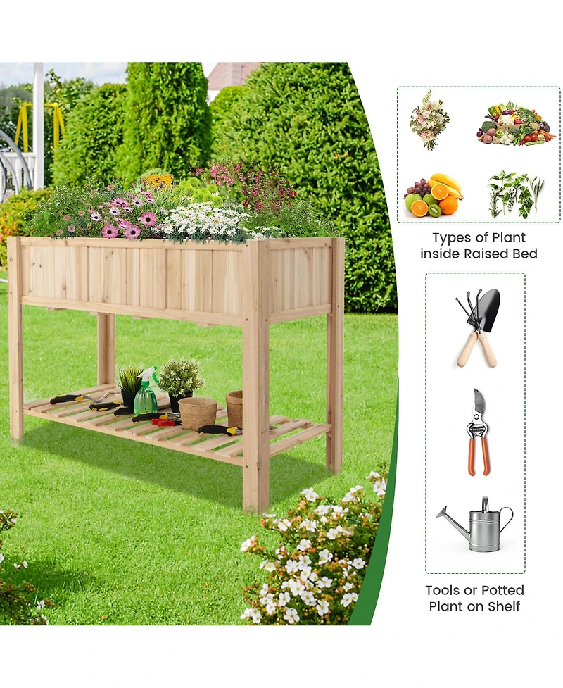 Gymax 47'' Wooden Raised Garden Bed w/Bottom Shelf & Bed Liner Outdoor Elevated Planter Box