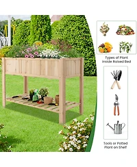 Gymax 47'' Wooden Raised Garden Bed w/Bottom Shelf & Bed Liner Outdoor Elevated Planter Box