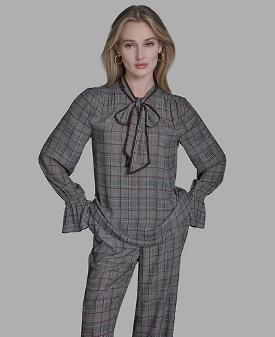 Bcbg Women's Plaid Long Sleeve Tie Neck Top