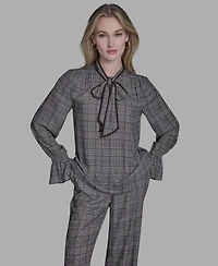 Bcbg Women's Plaid Long Sleeve Tie Neck Top