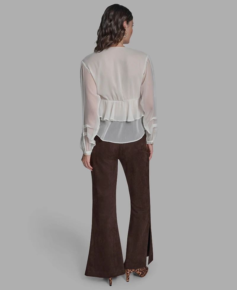 Bcbg Women's Long Sleeve Ruffle V-Neck Blouse