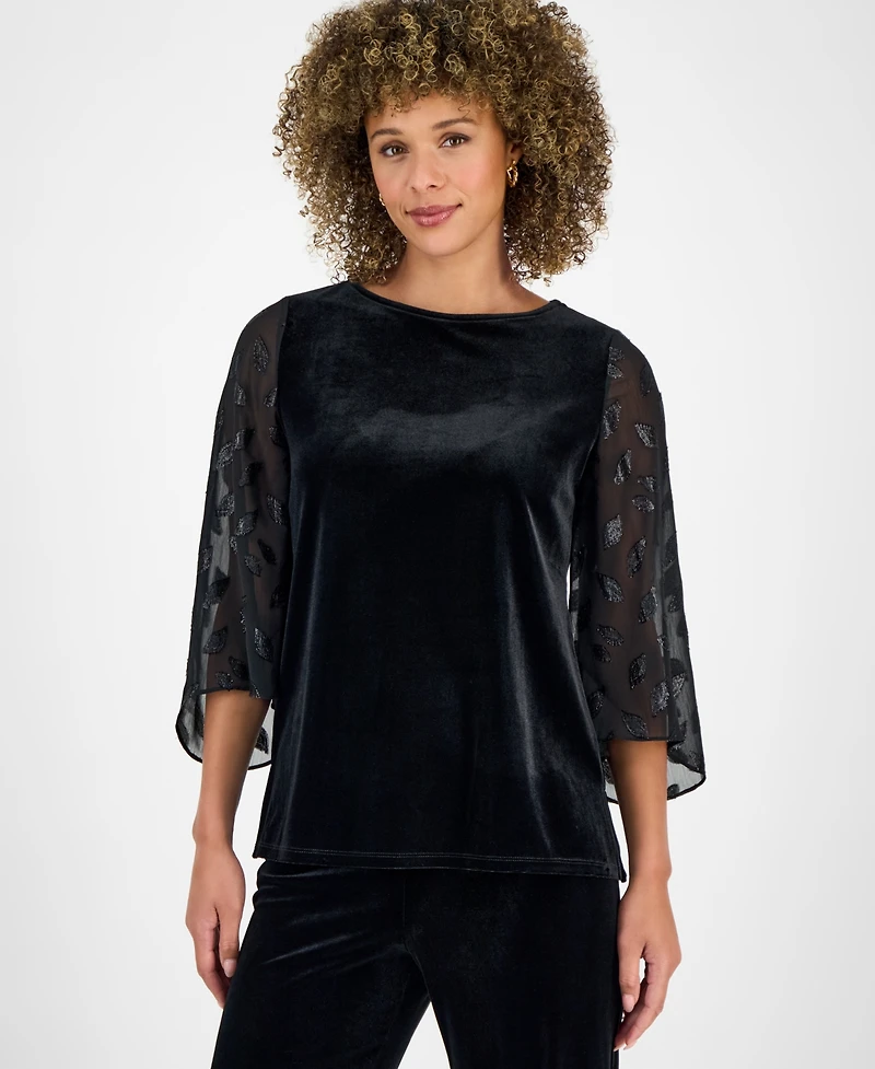 Kasper Women's Velvet Mixed-Media 3/4-Sleeve Top