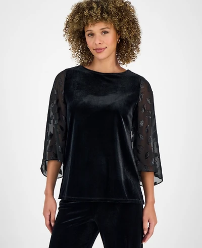 Kasper Women's Velvet Mixed-Media 3/4-Sleeve Top