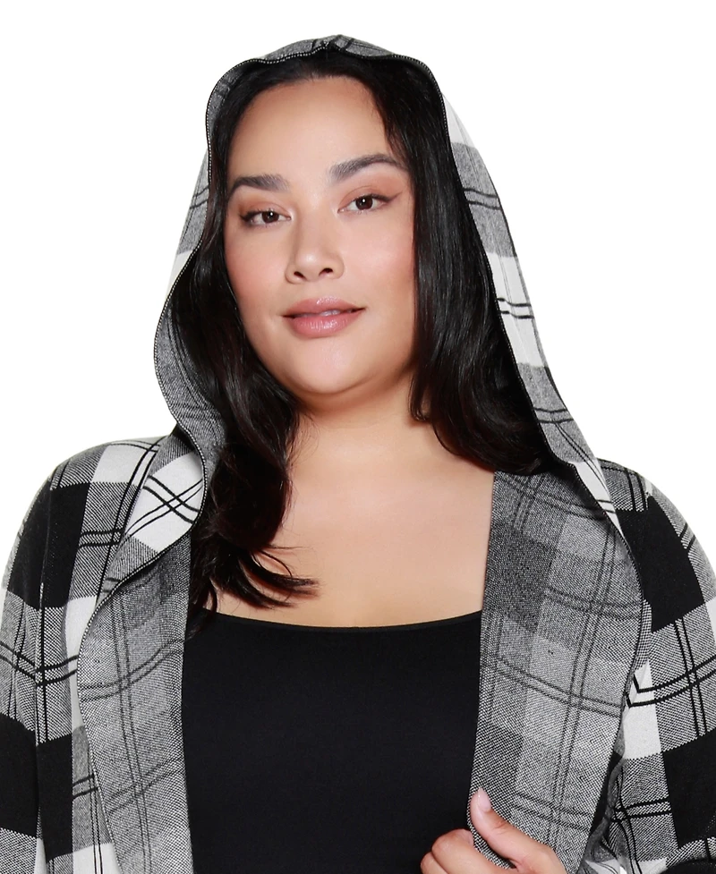 Belldini Plus Size Hooded Checkered Plaid Cardigan Sweater