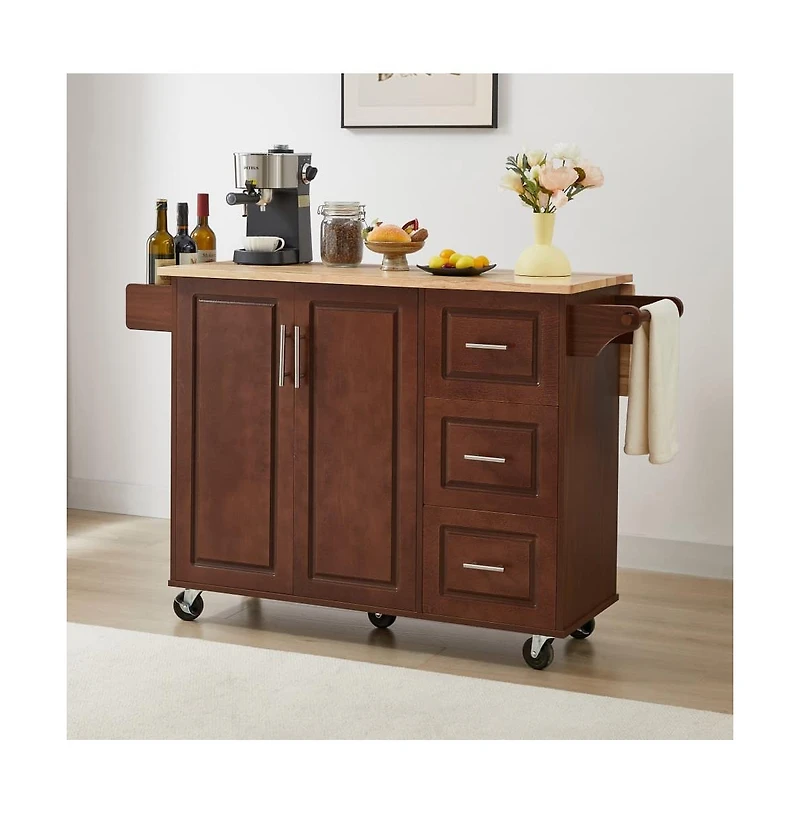 Maison Boucle 53.8" Rolling Kitchen Island with Drop Leaf, Storage Cabinet, 3 Drawers & Wood Top, Mobile Cart on Wheels