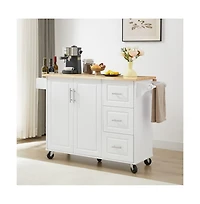 Maison Boucle 53.8" Rolling Kitchen Island with Drop Leaf, Storage Cabinet, 3 Drawers & Wood Top, Mobile Kitchen Cart on Wheels