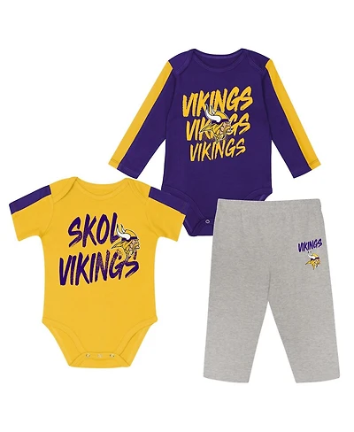 Outerstuff Baby Boys and Girls 3-Piece Purple/Gold Minnesota Vikings Double Down Creeper Pants Set