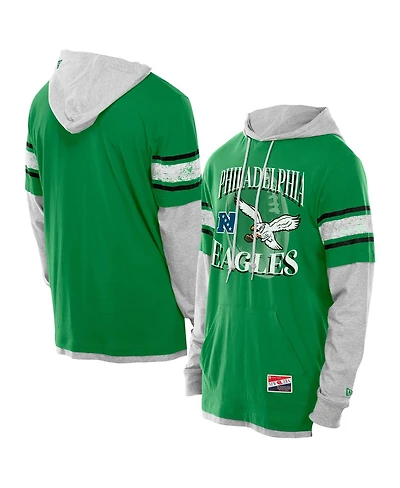 New Era Men's Kelly Green Philadelphia Eagles Twofer Layered Long Sleeve Hoodie T-Shirt
