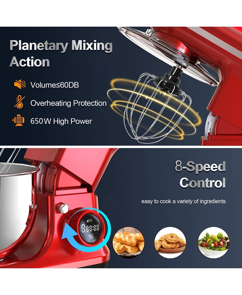 5.3 Qt Digital Display Stand Kitchen Food Mixer 8 Speed with Egg Whisk, Dough Hook & Flat Beater