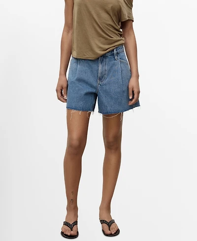 Mango Women's Frayed Hem and Pleats Denim Shorts
