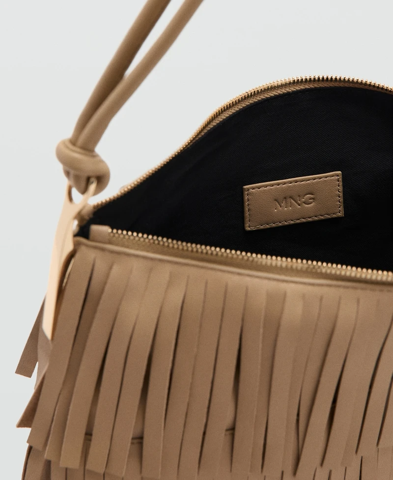 Mango Women's Fringes Detail Large Leather Shoulder Bag