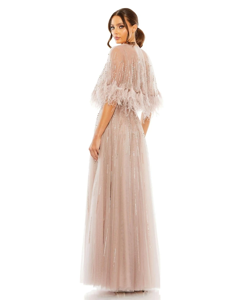 Mac Duggal Women's Embellished A Line Dress with Feather Detail Cape