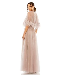 Mac Duggal Women's Embellished A Line Dress with Feather Detail Cape