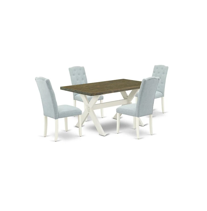 East West Furniture X076CE215-5 5-Pc Dining Table Set- 4 Dining Padded Chairs with Baby Blue Linen Fabric Seat and Button Tufted Chair Back