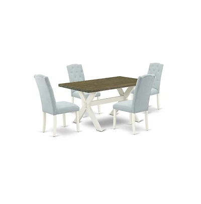 East West Furniture X076CE215-5 5-Pc Dining Table Set- 4 Dining Padded Chairs with Baby Blue Linen Fabric Seat and Button Tufted Chair Back