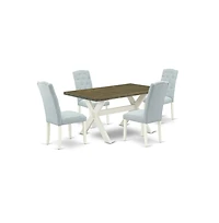 East West Furniture X076CE215-5 5-Pc Dining Table Set- 4 Dining Padded Chairs with Baby Blue Linen Fabric Seat and Button Tufted Chair Back