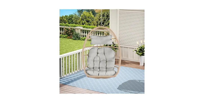Flynama 55 Inch Outdoor Rattan Egg Swing Chair with Light Gray Cushion