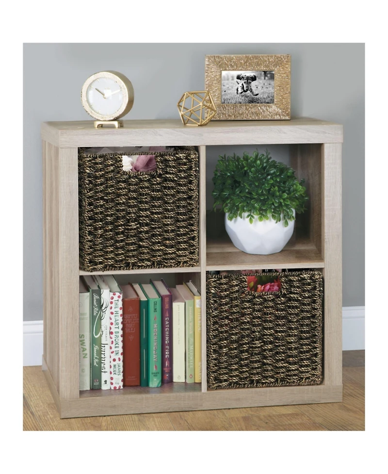 mDesign Seagrass Woven Cube Bin Basket Organizer, Handles, 4 Pack, Black Wash