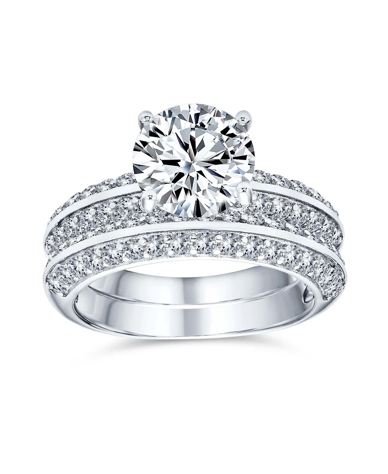 Bling Jewelry Art Deco Style 3CT Cubic Zirconia Princess Cut Solitaire with Pave Eternity Band Ring Set Sterling Silver