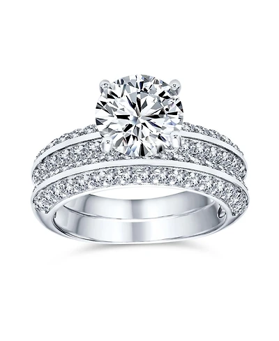 Bling Jewelry Art Deco Style 3CT Cubic Zirconia Princess Cut Solitaire with Pave Eternity Band Ring Set Sterling Silver