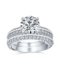 Bling Jewelry Art Deco Style 3CT Cubic Zirconia Princess Cut Solitaire with Pave Eternity Band Ring Set Sterling Silver