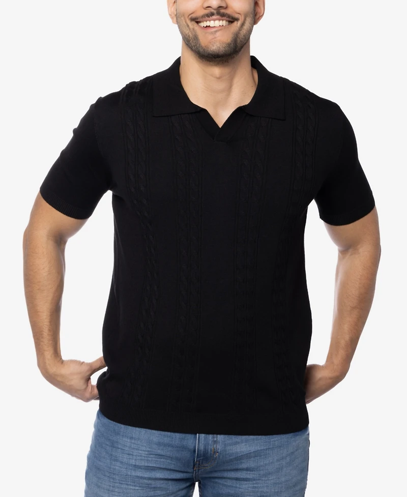Spring + Mercer Men's Cable Knit Johnny Collar Short Sleeve Sweater Polo