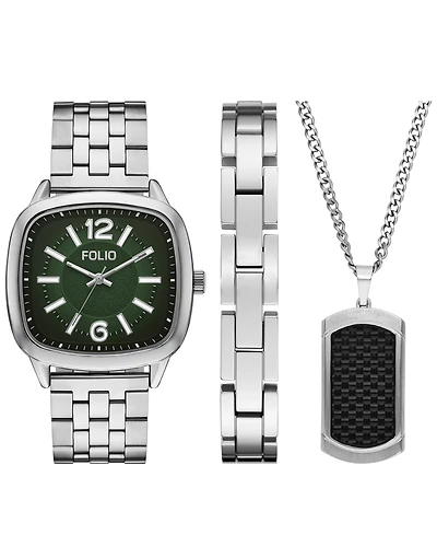 Folio Men's Quartz Three-Hand Silver Alloy Watch Set, 41mm