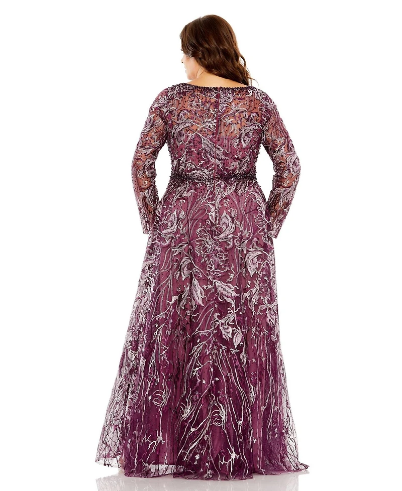 Mac Duggal Women's Plus Long Sleeve High Neck Embroidered Gown