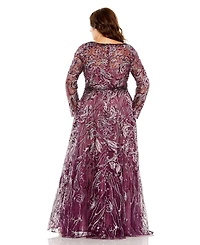 Mac Duggal Women's Plus Long Sleeve High Neck Embroidered Gown