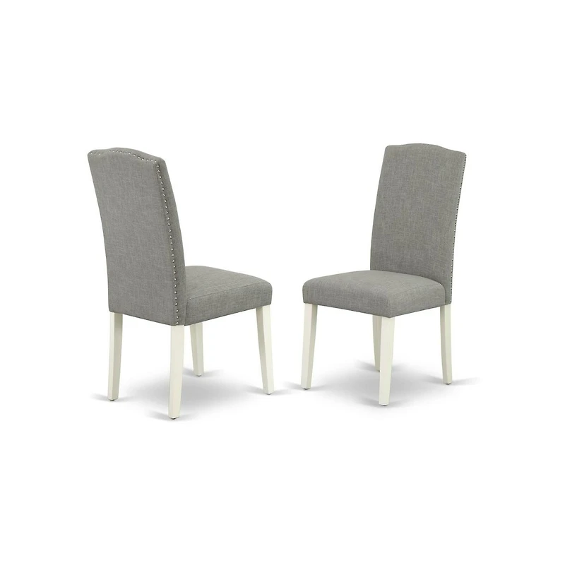 East West Furniture 3 Piece Dinette Sets Contains 1 Drop Leaves Wooden Table and 2 Dark Shitake Linen Fabric Parsons Chair High Back with Nail Heads