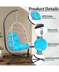 Flynama Blue Wicker Egg Hanging Chair with Stand and 350 lb Capacity