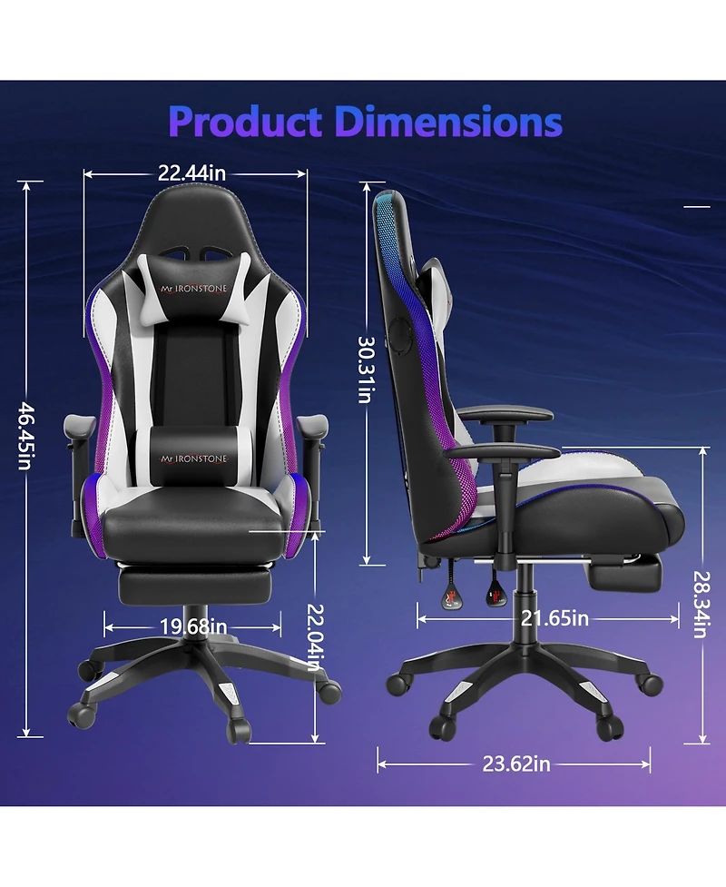 Mr Ironstone Gaming Chair with Speakers and Led Lights Ergonomic Massage Computer Gaming Chair with Broaden Cusion and Footrest High Back Video Game C