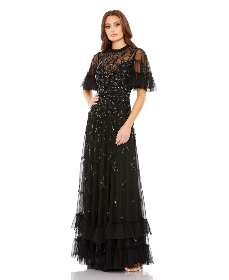 Mac Duggal Women's Ruffled Floral Embellished Flutter Sleeve A-Line Gown