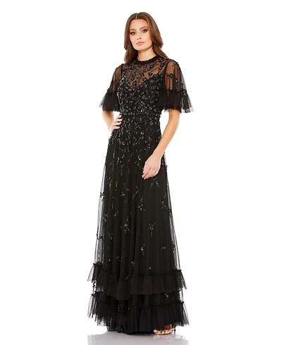 Mac Duggal Women's Ruffled Floral Embellished Flutter Sleeve A-Line Gown