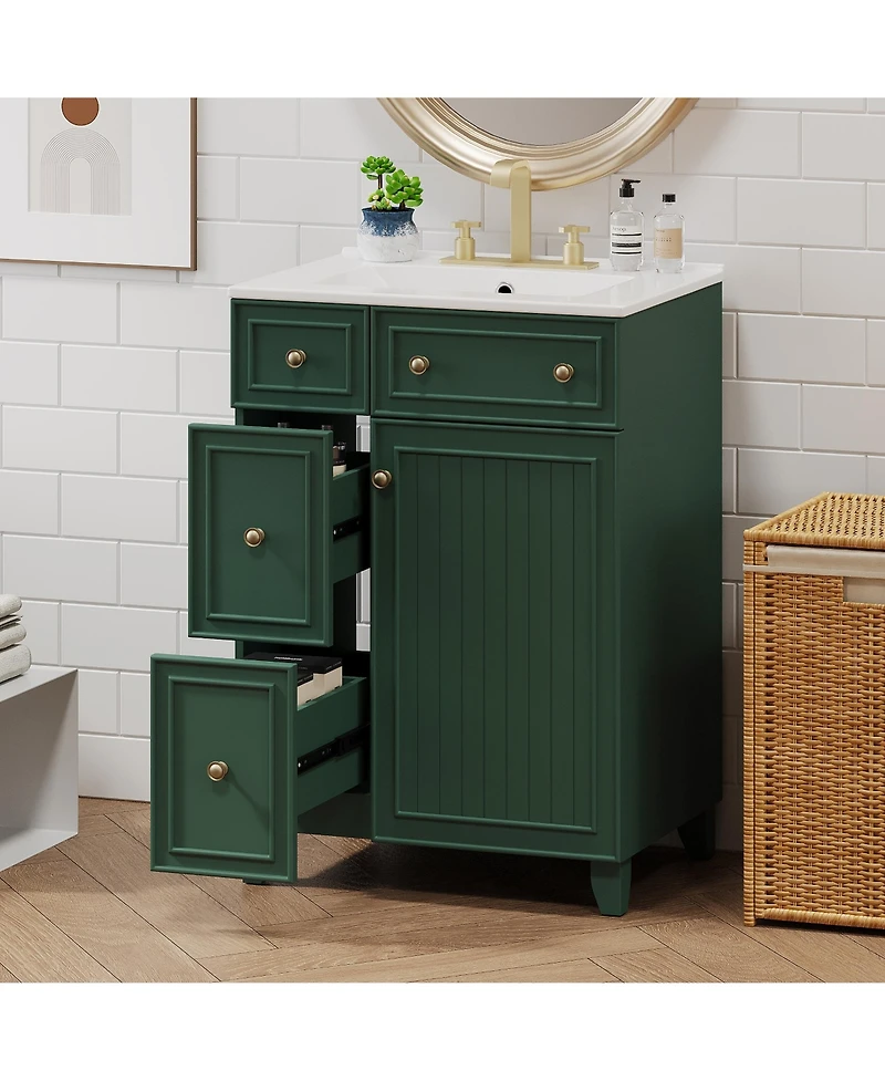Casainc 24" Bathroom Vanity Cabinet with Ceramic Sink, 2 Drawers and 1 Soft-Close Door
