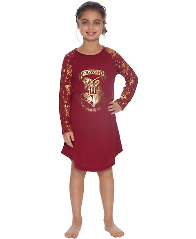 Harry Potter Girls Nightgown Hermione Gold Foil Hogwarts Castle Crest Long-Sleeve Pajama Lounge Sleepwear